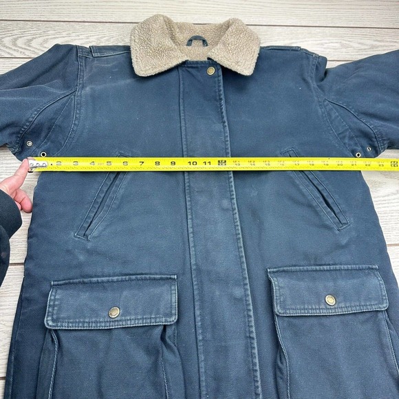 Cabela's Women M Reg Sherpa Lined Canvas Jacket Chore Coat Navy Blue Western Zip - Picture 8 of 9